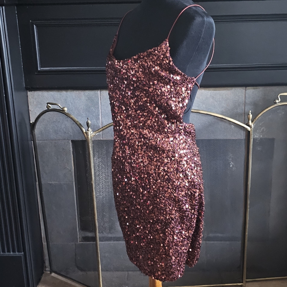 Rust Brown Copper Sparkle Sequin Open Back Mini Dress Size 17 Large XL